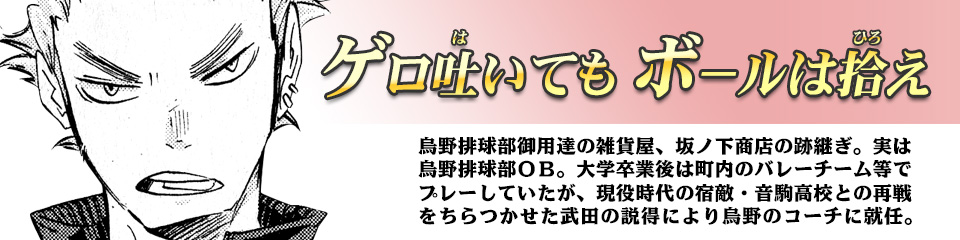 キャラクター Character ハイキュー ドットコム 烏野高校 青葉城西高校 音駒高校 伊達工業高校 日向 翔陽 影山 飛雄 澤村 大地 菅原 孝支 田中 龍之介 月島 蛍 山口 忠 清水 潔子 西谷 夕 東峰 旭 縁下 力 武田 一鉄 烏養 繋心 及川 徹 金田一 勇太郎 岩泉 一 孤爪 研磨